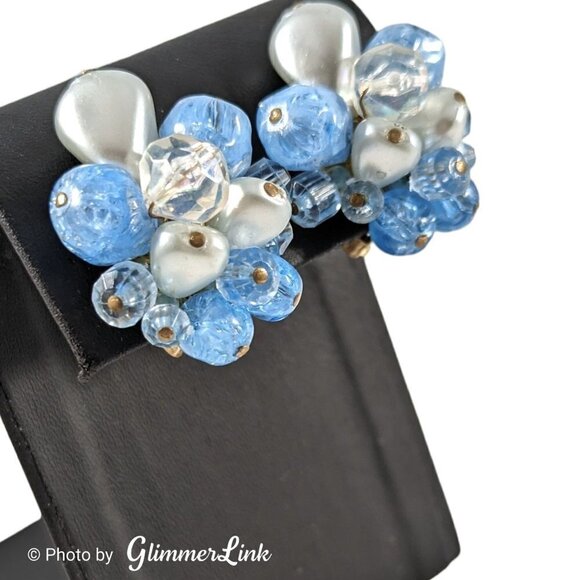 VTG 50's W Germany Blue & Gray Lucite Faux Pearl Beaded Cluster Clip On Earrings - Picture 2 of 7